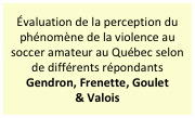 Évaluation de la perception du phénomène de la violence au soccer amateur au Québec selon de différents répondants
Gendron, Frenette, Goulet  & Valois