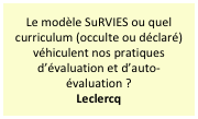 Le modèle SuRVIES ou quel curriculum (occulte ou déclaré) véhiculent nos pratiques d’évaluation et d’auto-évaluation ?
Leclercq