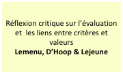 Réflexion critique sur l’évaluation et  les liens entre critères et valeurs
Lemenu, D’Hoop & Lejeune