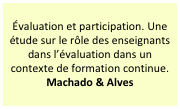 Évaluation et participation. Une étude sur le rôle des enseignants dans l’évaluation dans un contexte de formation continue.
Machado & Alves